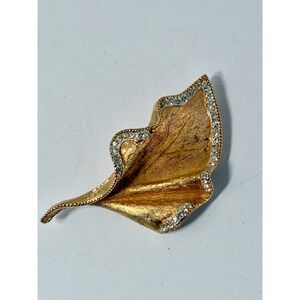 VTG BSK Gold Tone Leaf Brooch Rhinestone Accent Textured Botanical Pin
